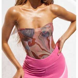 Abstract marble strapless mesh bodysuit